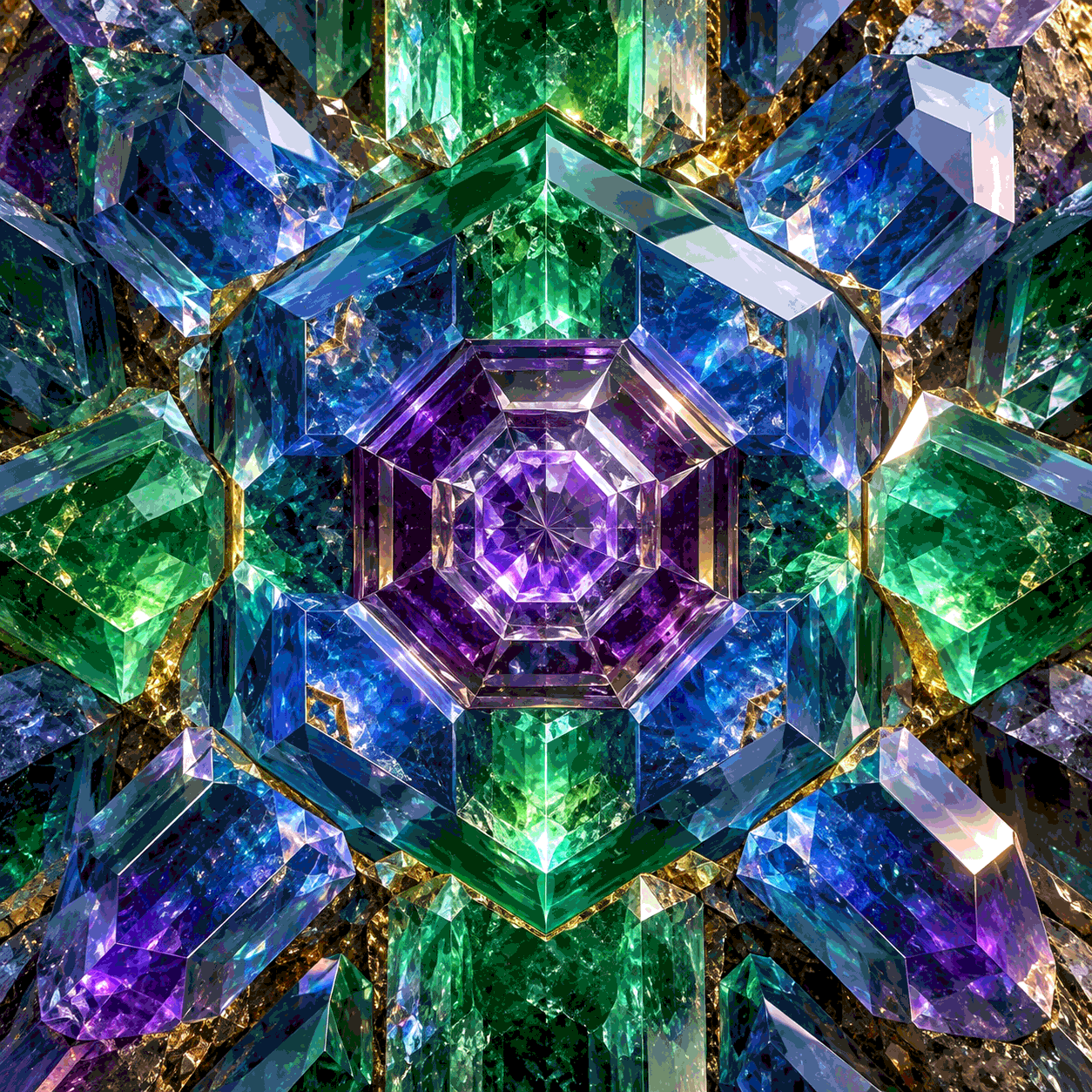 Detailed crystalline generative art produced by a seeded pseudo-random generator